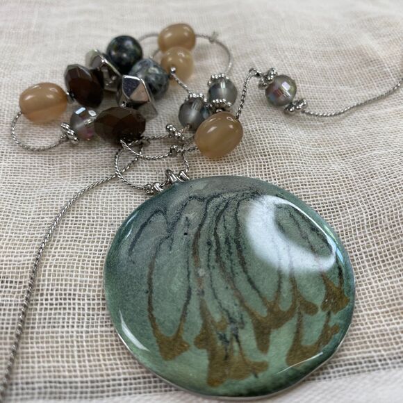 Chicos Statement Necklace Beaded Green Brown Silver Enameled Pendant Reversible - Picture 2 of 9